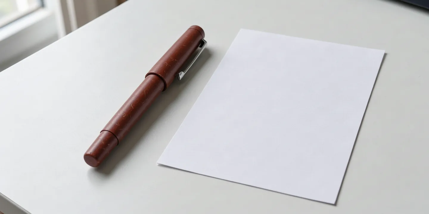 A capped fountain pen resting beside an unused sheet of paper.